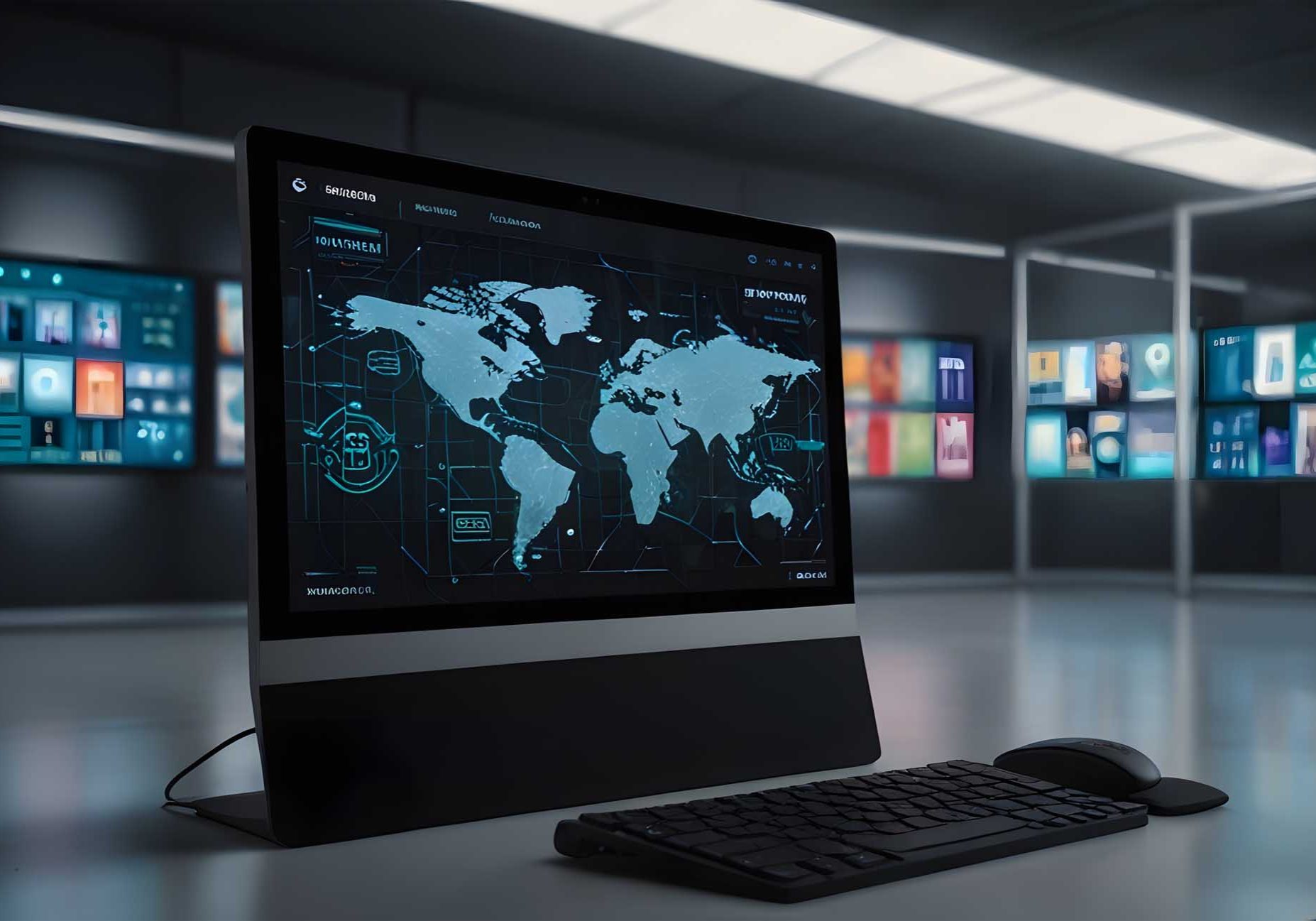 Laptop displaying data dashboards with charts and interface elements, modern tech concept. A laptop showcasing a user interface filled with data dashboards, charts, and various interface elements. Multiple screens are floating above, creating a layered effect with code and visualizations. This content was generated using AI technology. The atmosphere conveys a modern and sophisticated tech environment.