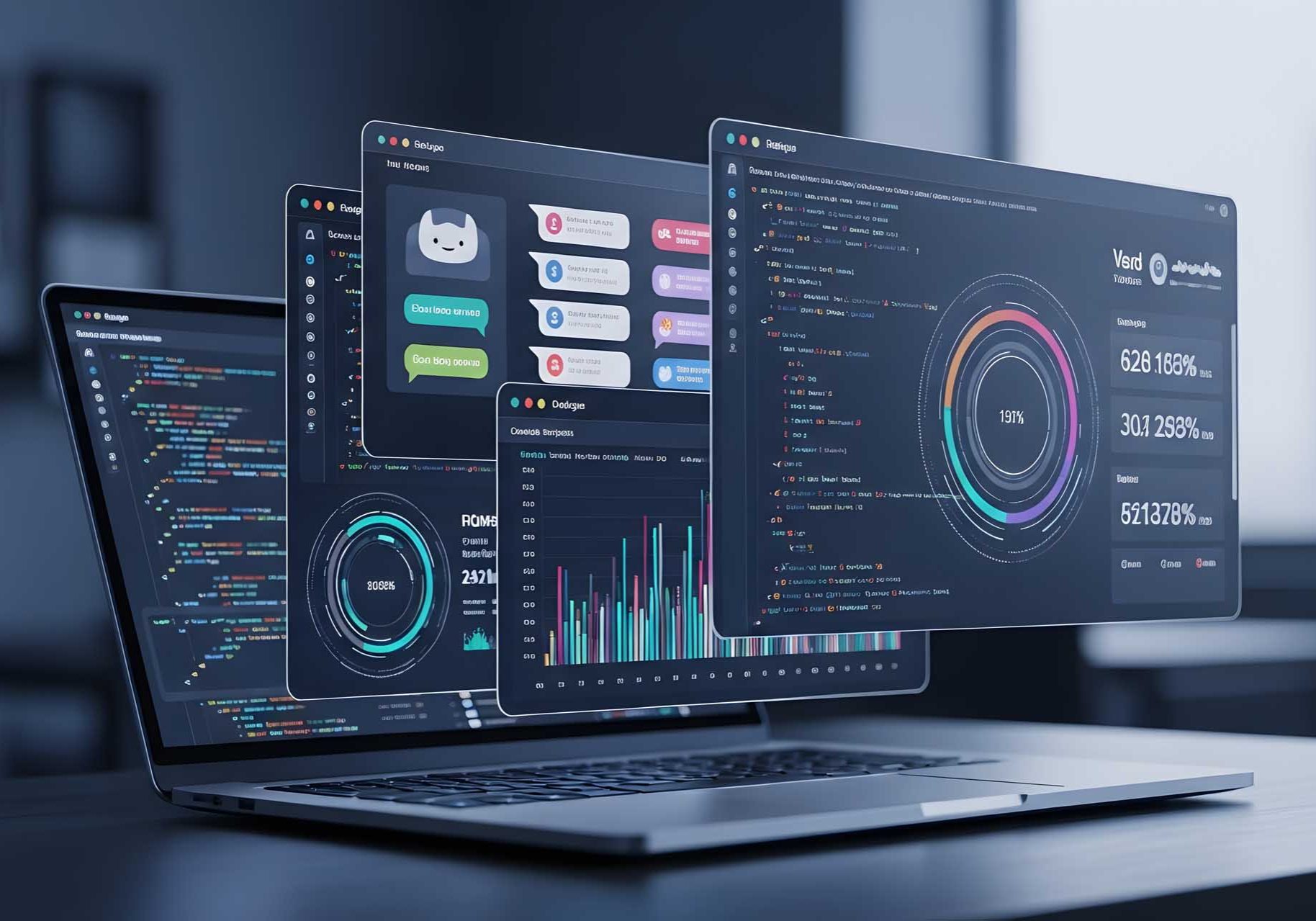 Futuristic global data dashboard in modern tech control room. A high-tech control room featuring a curved monitor displaying original world data visualizations and analytics, perfect for business, cybersecurity, or global technology themes. AI generated